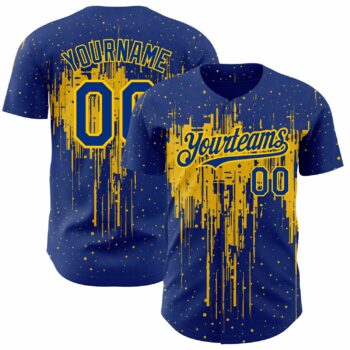 Custom Royal Yellow 3D Pattern Design Dripping Splatter Art Authentic Baseball Jersey